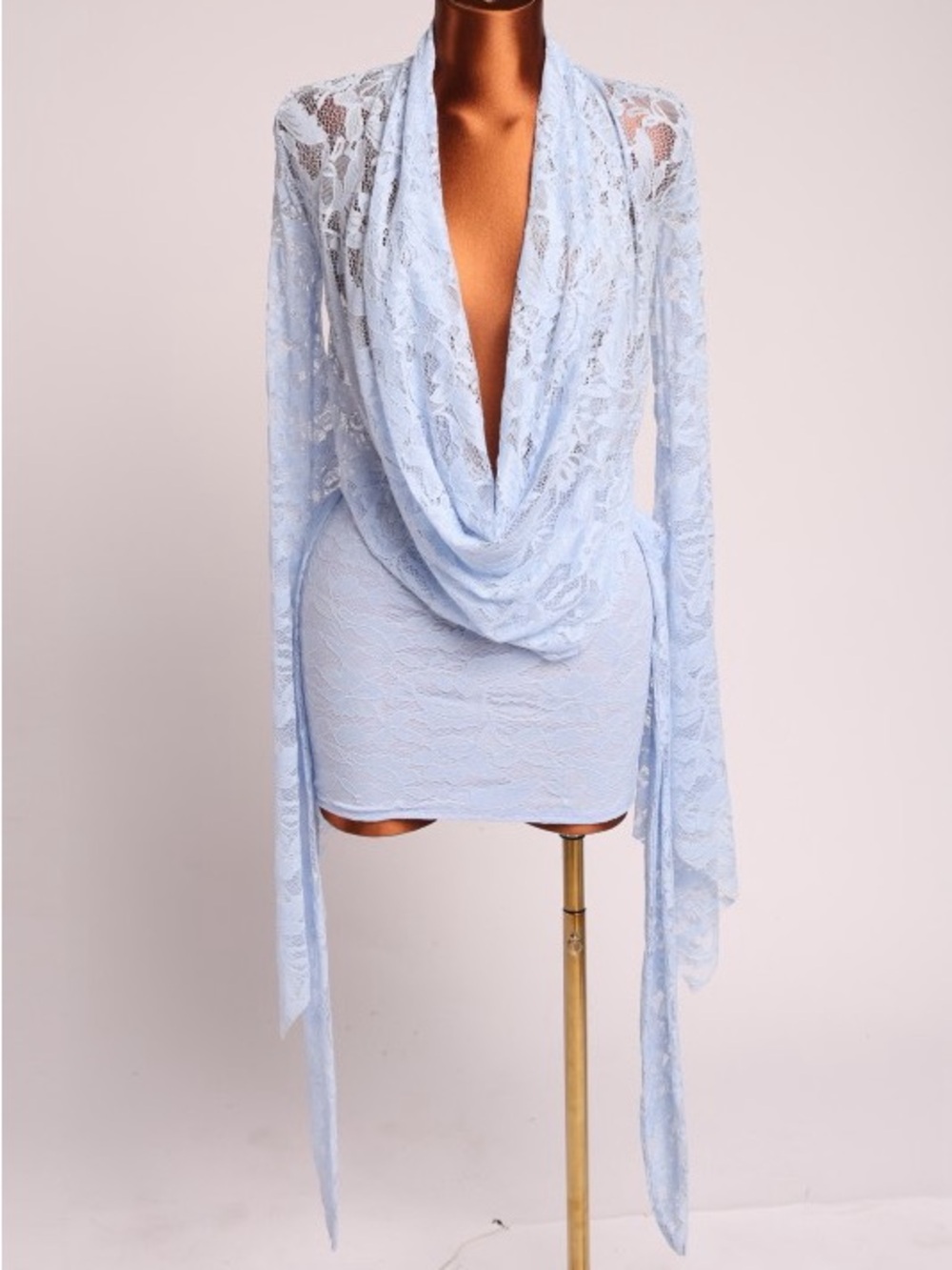 Delicate Blue Lace Drape Front Mini Dress